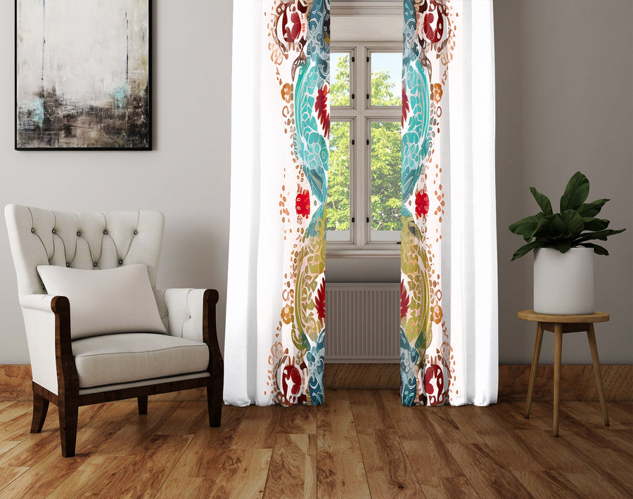 Abstract Window Curtain - Blue, Red, and Gold Wavy Feathered Pattern - Deja Blue Studios