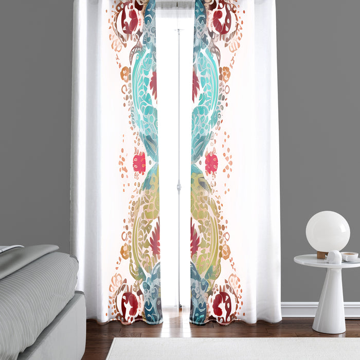 Abstract Window Curtain - Blue, Red, and Gold Wavy Feathered Pattern - Deja Blue Studios