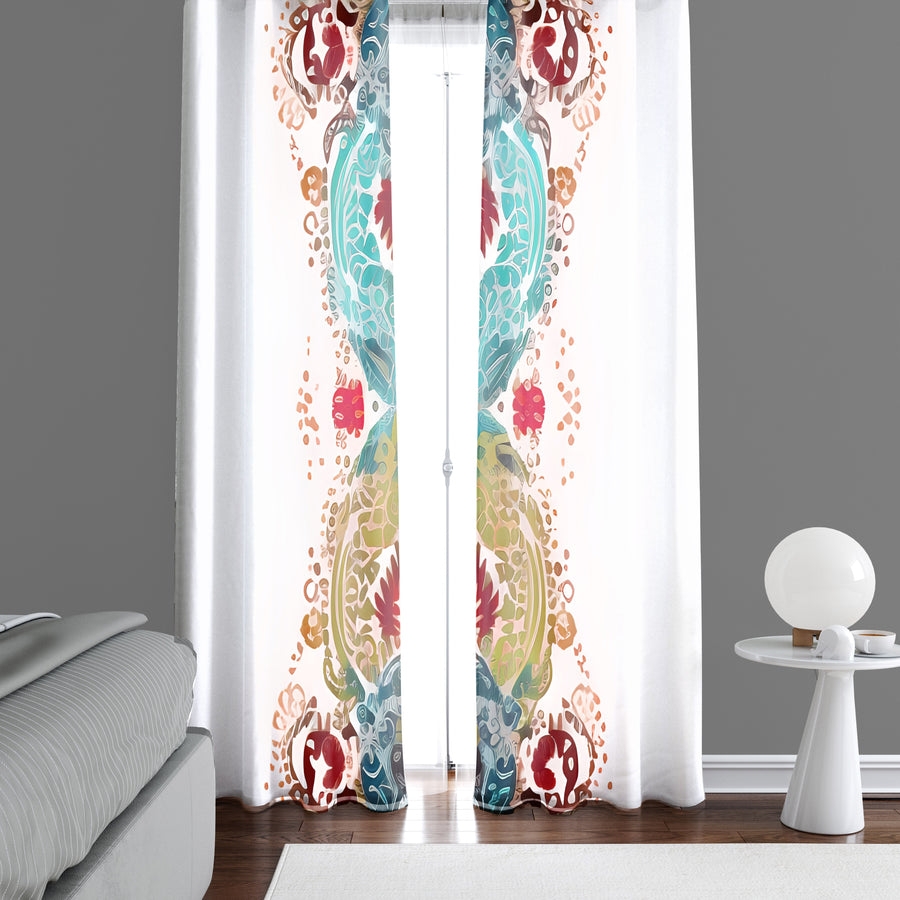 Abstract Window Curtain - Blue, Red, and Gold Wavy Feathered Pattern - Deja Blue Studios