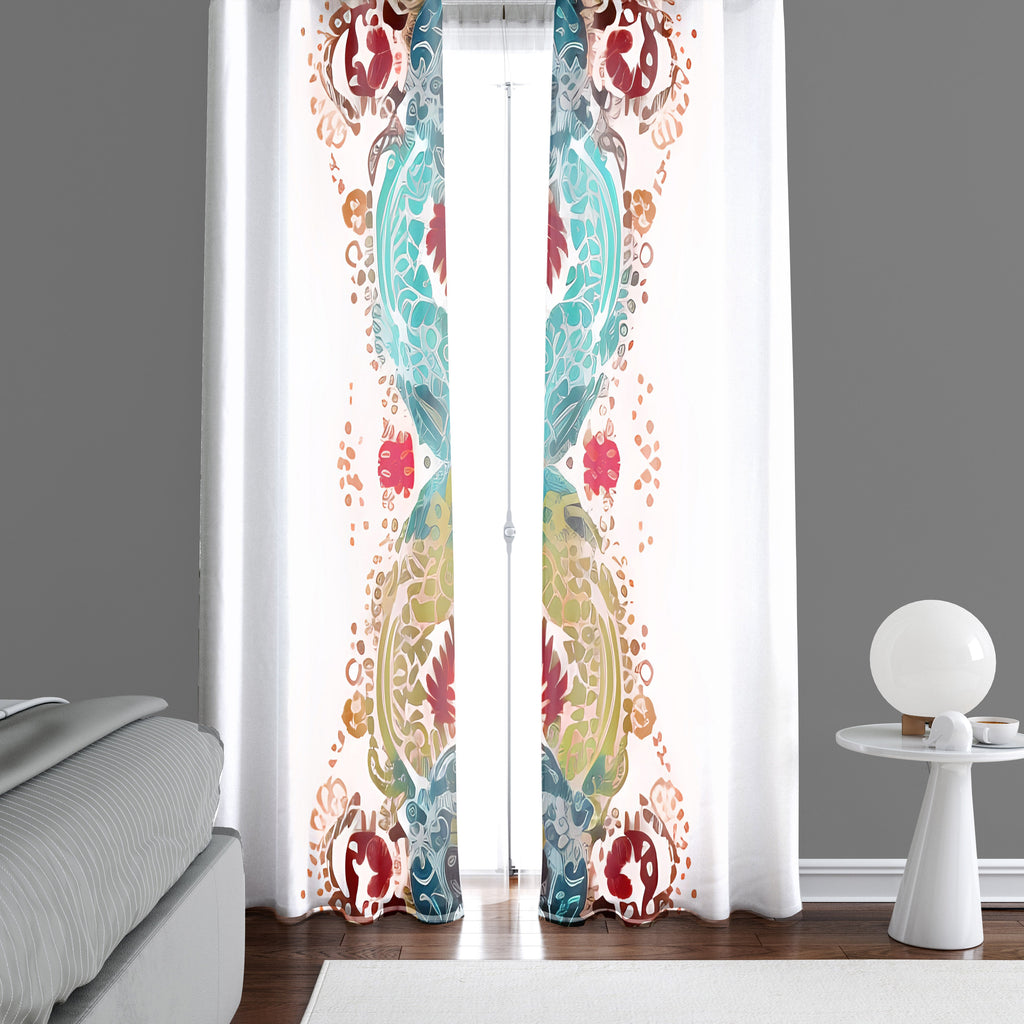 Abstract Window Curtain - Blue, Red, and Gold Wavy Feathered Pattern - Deja Blue Studios