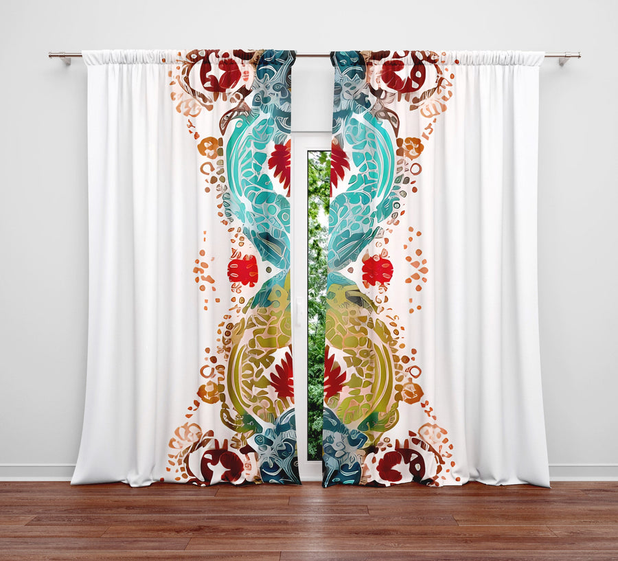 Abstract Window Curtain - Blue, Red, and Gold Wavy Feathered Pattern - Deja Blue Studios