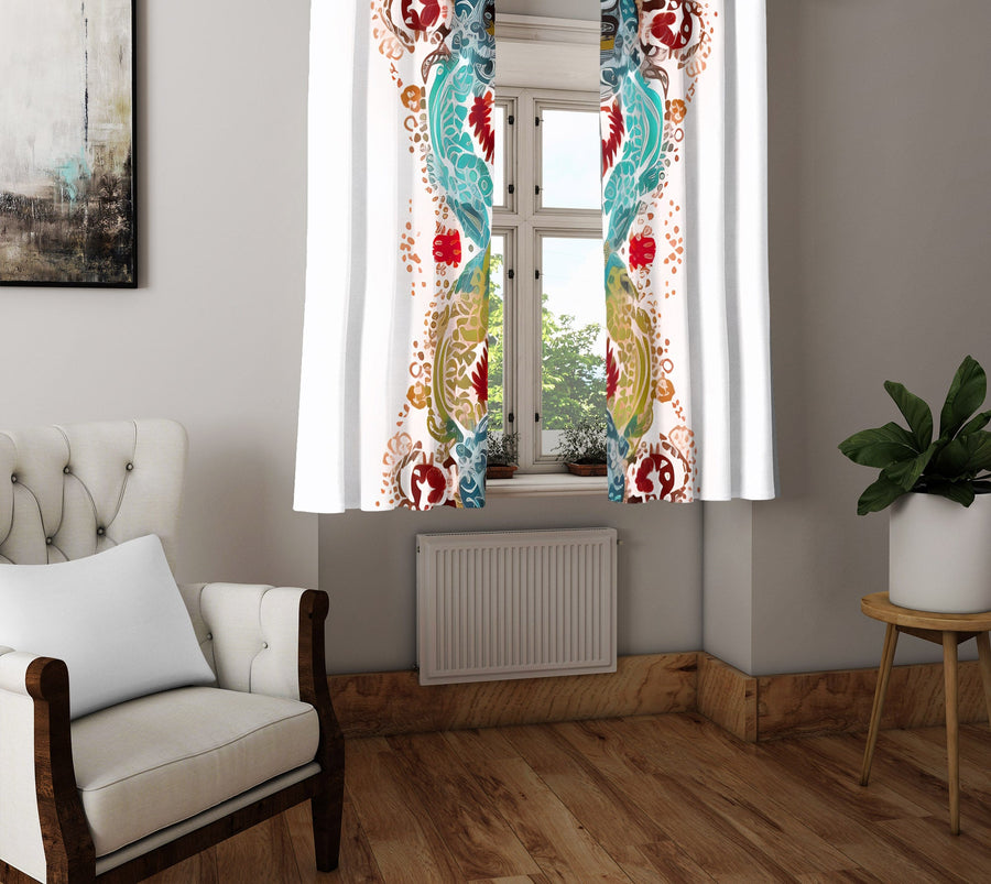 Abstract Window Curtain - Blue, Red, and Gold Wavy Feathered Pattern - Deja Blue Studios