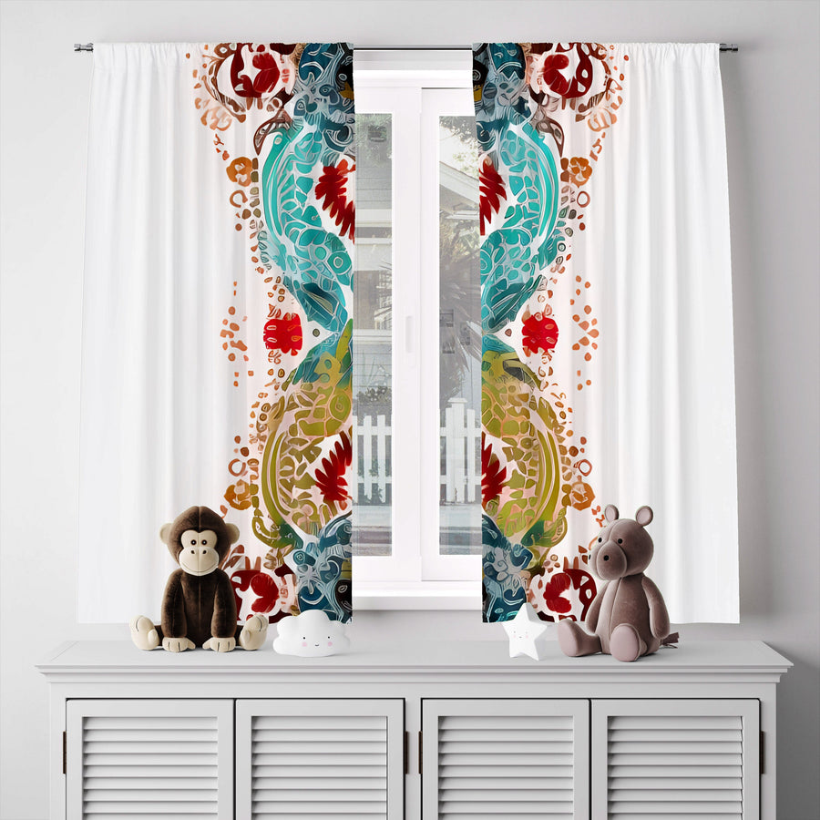 Abstract Window Curtain - Blue, Red, and Gold Wavy Feathered Pattern - Deja Blue Studios