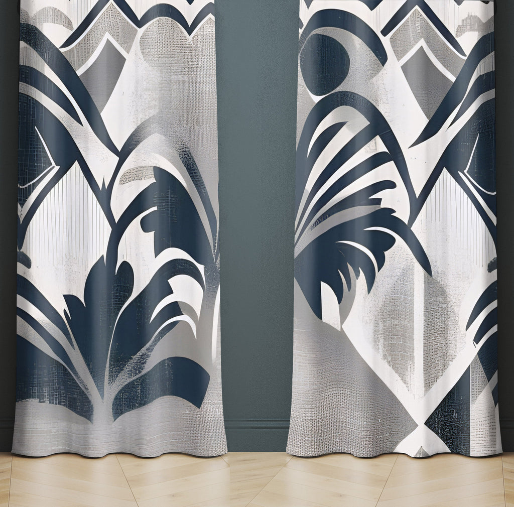 Abstract Window Curtain - Steel Blue and Gray Leaf Pattern - Deja Blue Studios