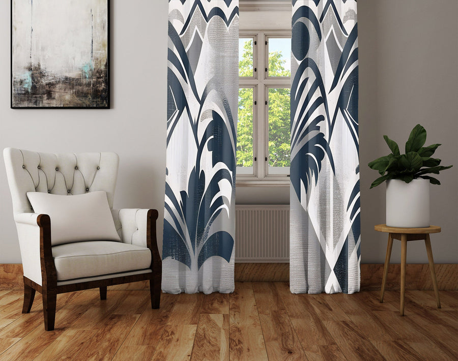 Abstract Window Curtain - Steel Blue and Gray Leaf Pattern - Deja Blue Studios