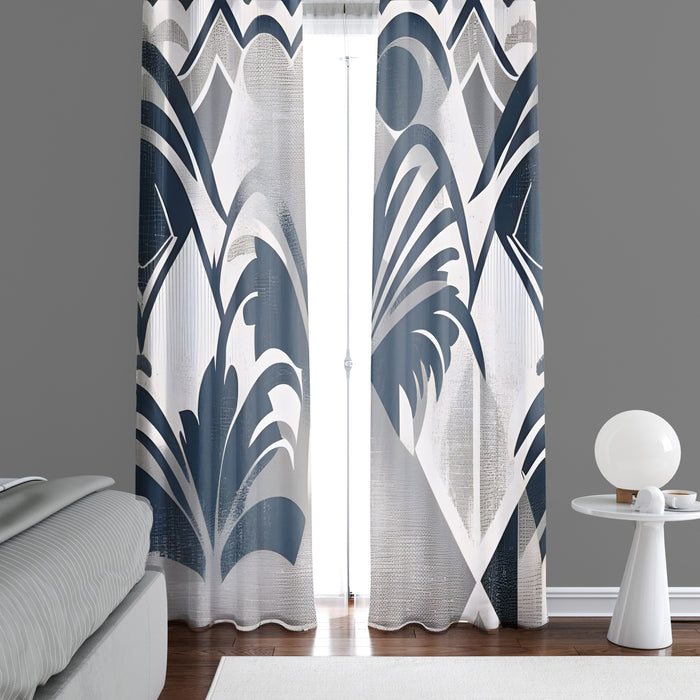 Abstract Window Curtain - Steel Blue and Gray Leaf Pattern - Deja Blue Studios