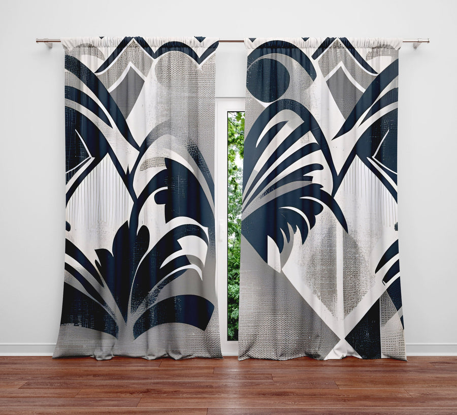 Abstract Window Curtain - Steel Blue and Gray Leaf Pattern - Deja Blue Studios
