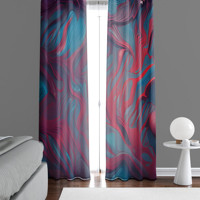 Abstract Window Curtain - Blue and Red Faux Alcohol Ink Pattern - Deja Blue Studios