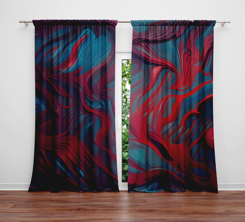 Abstract Window Curtain - Blue and Red Faux Alcohol Ink Pattern - Deja Blue Studios