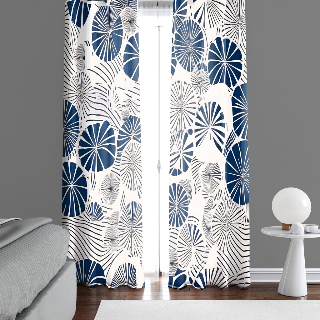 Abstract Window Curtain - Blue and Beige Fan Leaf - Deja Blue Studios