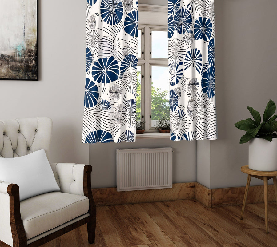 Abstract Window Curtain - Blue and Beige Fan Leaf - Deja Blue Studios