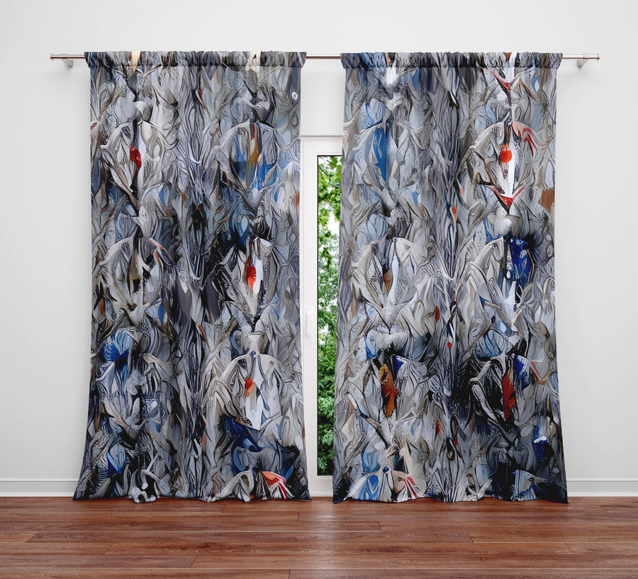 Abstract Window Curtain - Gray, Blue, and Red Watercolor Pattern - Deja Blue Studios