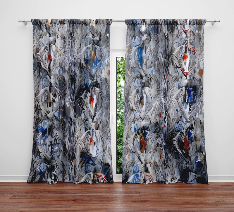 Abstract Window Curtain - Gray, Blue, and Red Watercolor Pattern - Deja Blue Studios