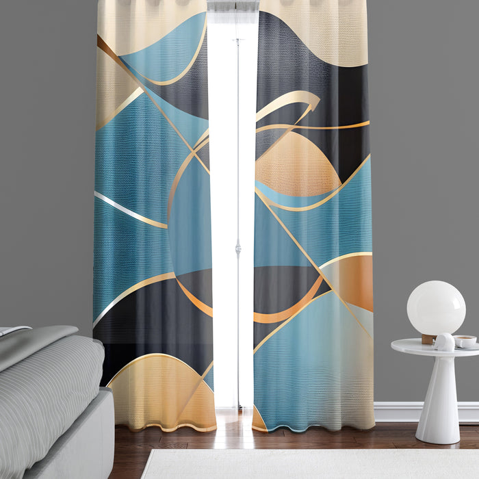Abstract Window Curtain - Blue, Back, and Gold Wavy Canvas - Deja Blue Studios