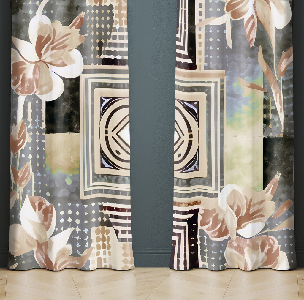 Floral Abstract Window Curtain - Art Deco Orange Dotted Flowers - Deja Blue Studios