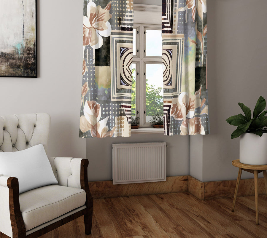 Floral Abstract Window Curtain - Art Deco Orange Dotted Flowers - Deja Blue Studios