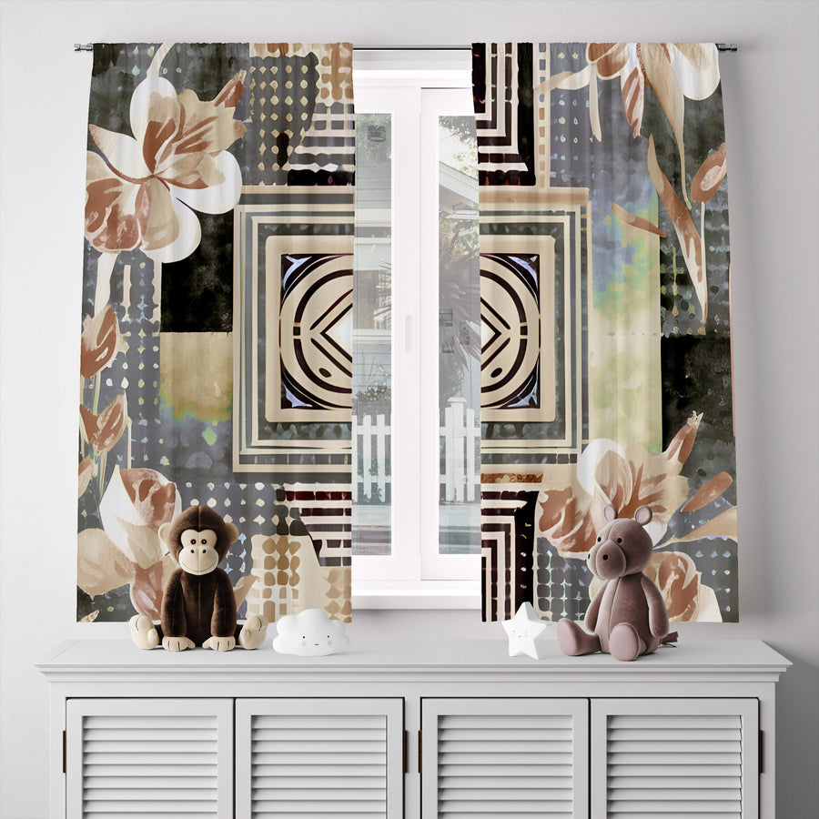 Floral Abstract Window Curtain - Art Deco Orange Dotted Flowers - Deja Blue Studios