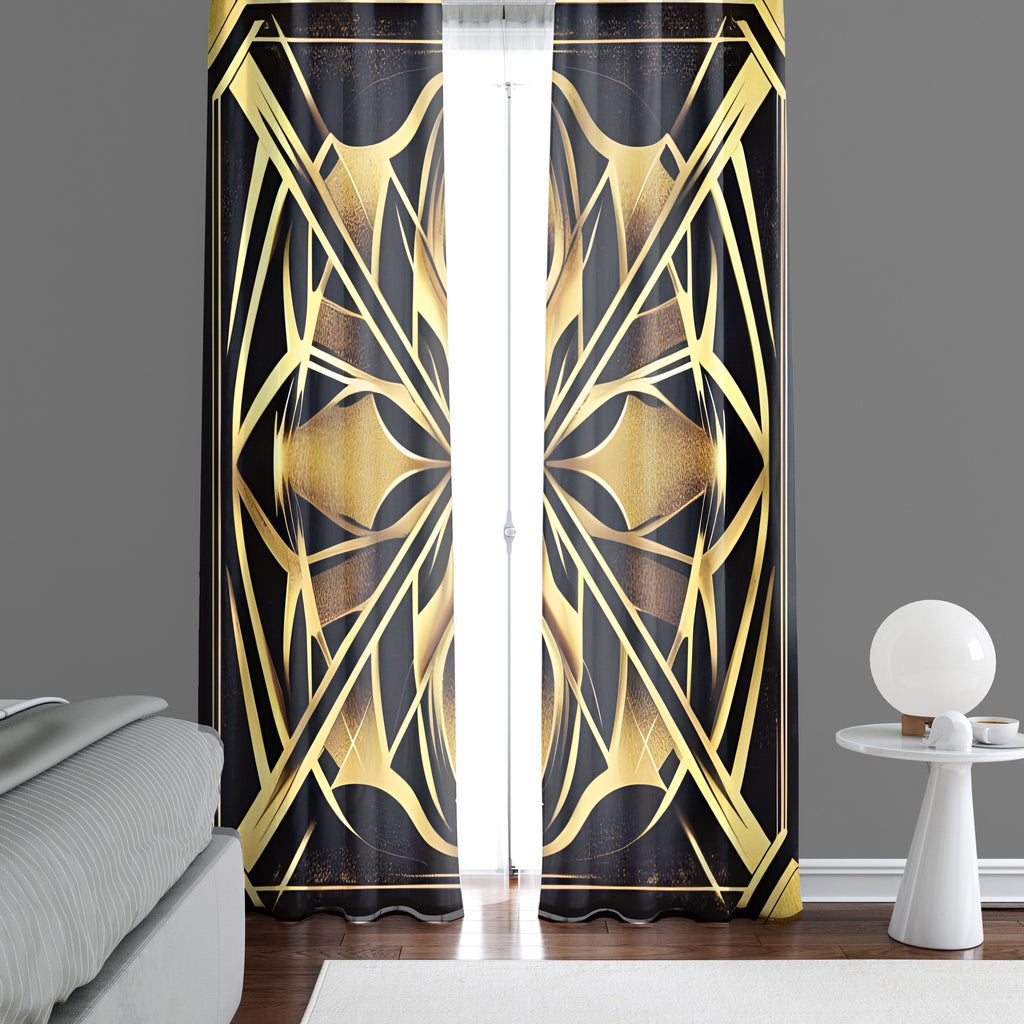 Art Deco Window Curtains - Abstract Retro Gold and Black - Deja Blue Studios