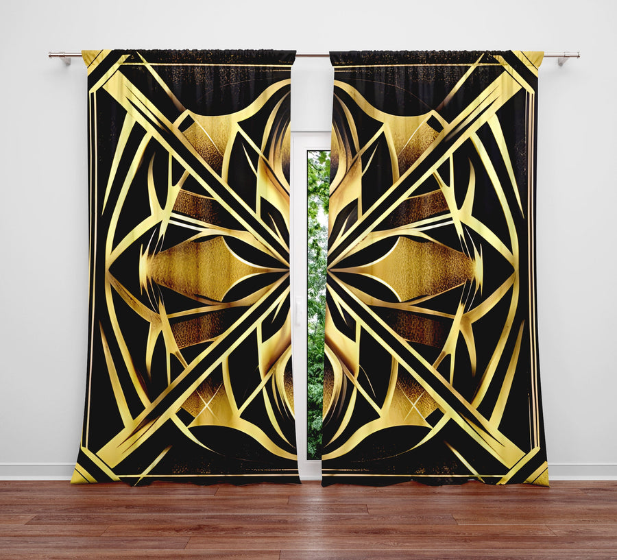 Art Deco Window Curtains - Abstract Retro Gold and Black - Deja Blue Studios