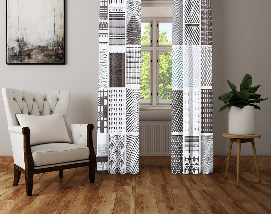 Patterned Window Curtain - Brown and Blue Multi Stripes and Dots - Deja Blue Studios