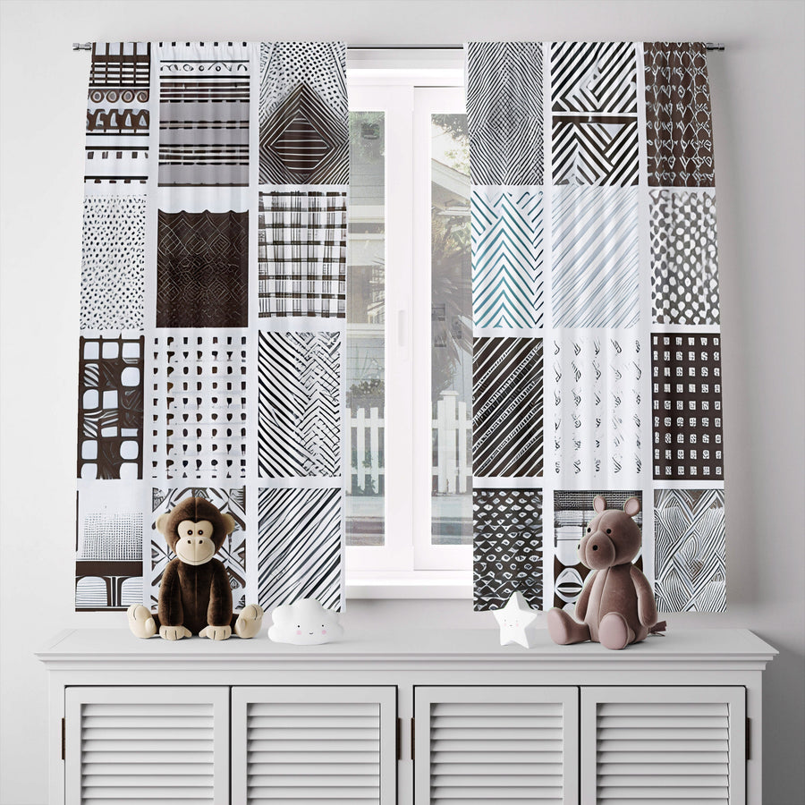 Patterned Window Curtain - Brown and Blue Multi Stripes and Dots - Deja Blue Studios