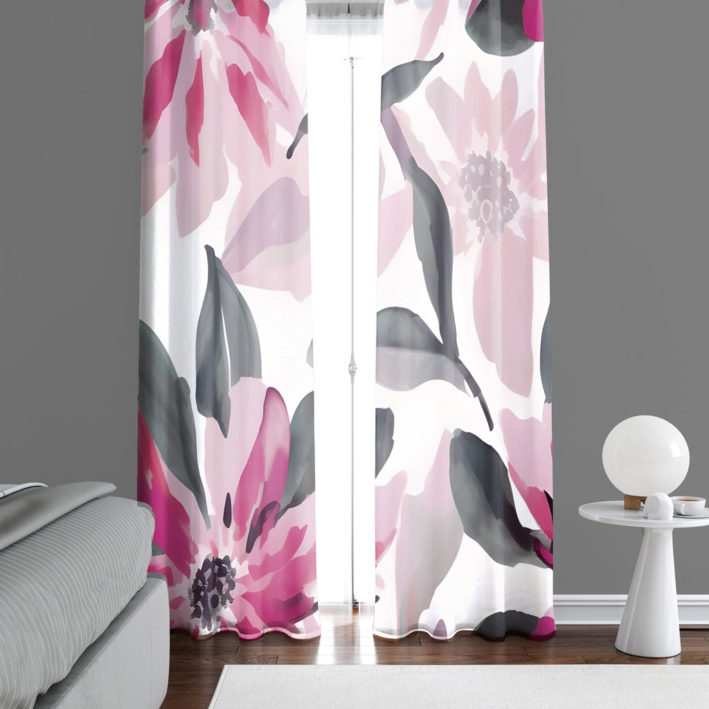 Floral Window Curtain - Pink and Gray Dahlia - Deja Blue Studios