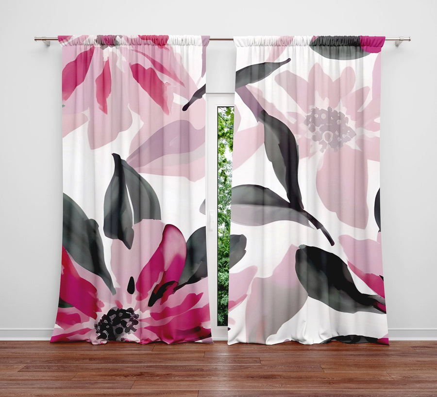 Floral Window Curtain - Pink and Gray Dahlia - Deja Blue Studios