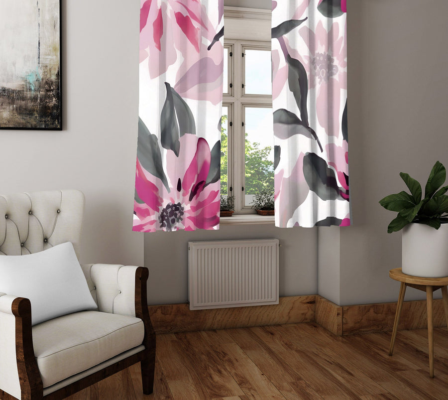 Floral Window Curtain - Pink and Gray Dahlia - Deja Blue Studios