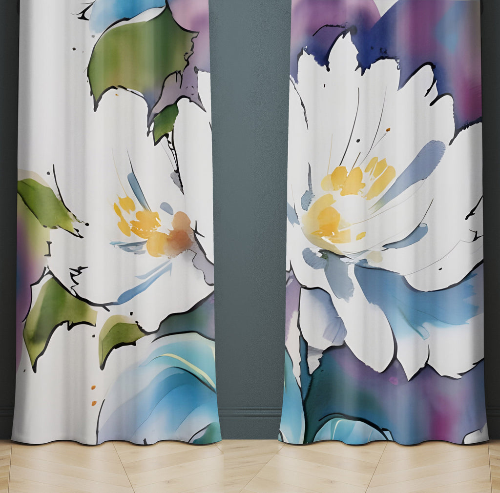 Floral Window Curtain - Blue, Purple, and White Watercolor Peony - Deja Blue Studios