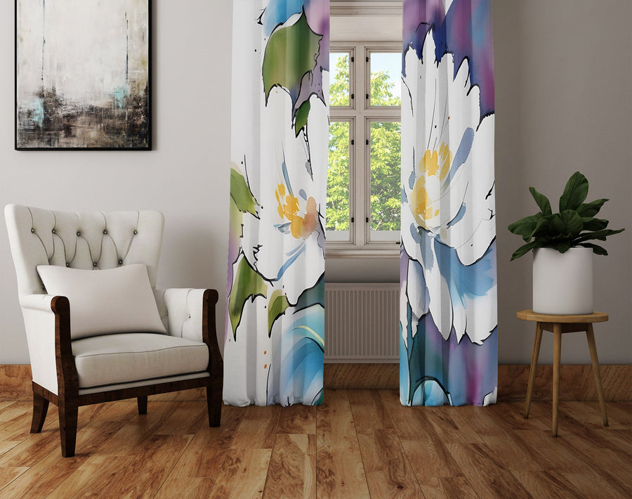 Floral Window Curtain - Blue, Purple, and White Watercolor Peony - Deja Blue Studios