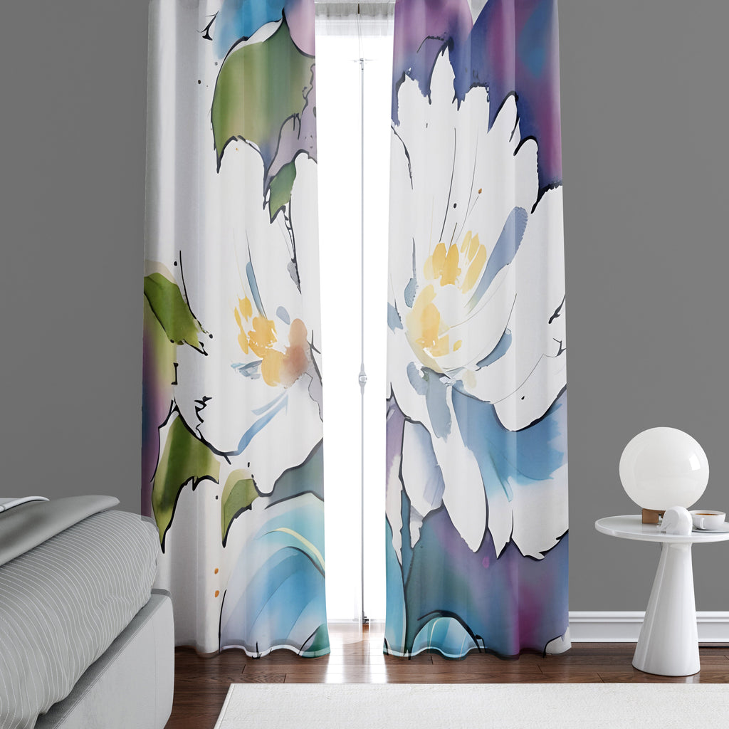 Floral Window Curtain - Blue, Purple, and White Watercolor Peony - Deja Blue Studios