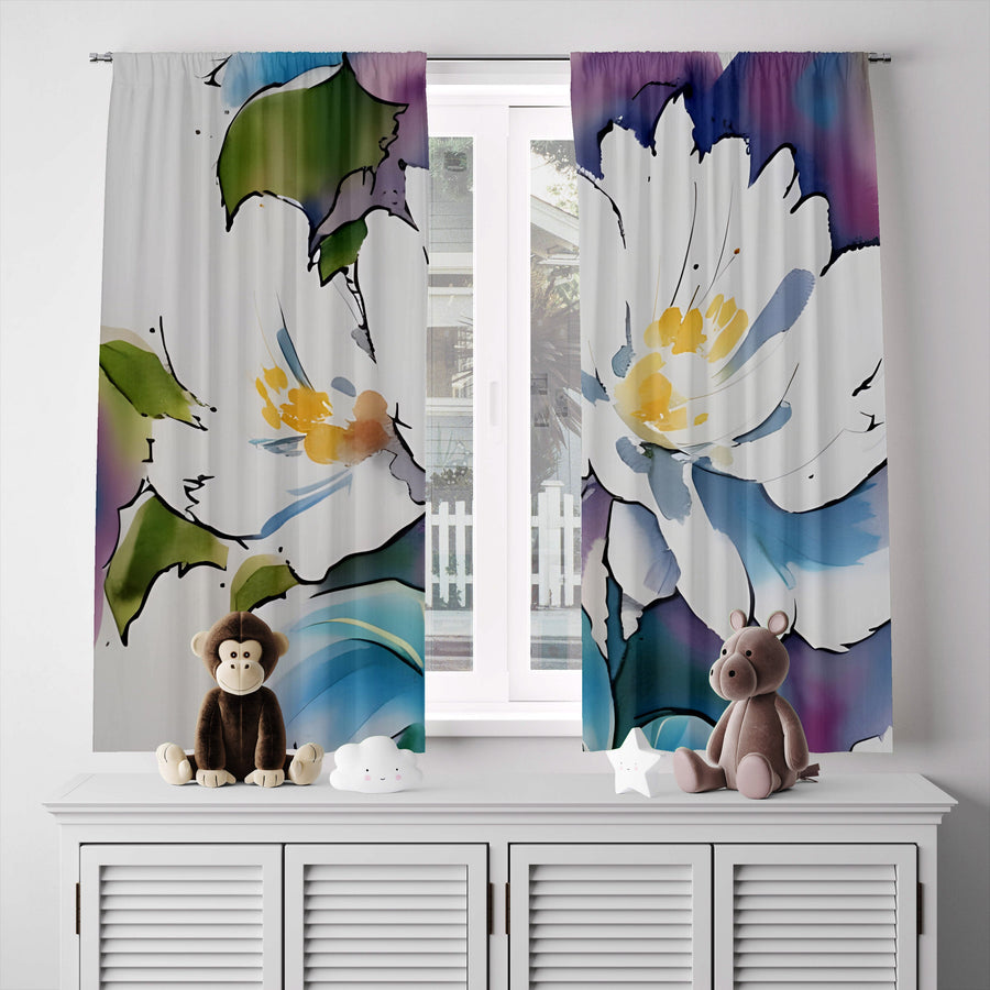 Floral Window Curtain - Blue, Purple, and White Watercolor Peony - Deja Blue Studios