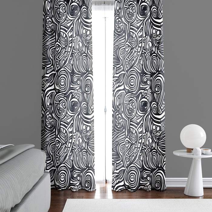 Abstract Window Curtain - Black and White Spinny Swirls - Deja Blue Studios