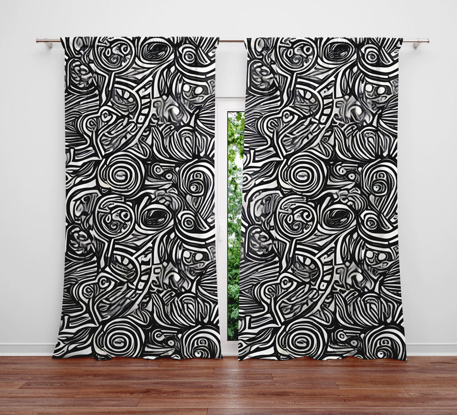 Abstract Window Curtain - Black and White Spinny Swirls - Deja Blue Studios