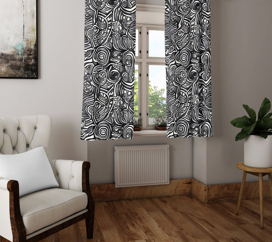 Abstract Window Curtain - Black and White Spinny Swirls - Deja Blue Studios