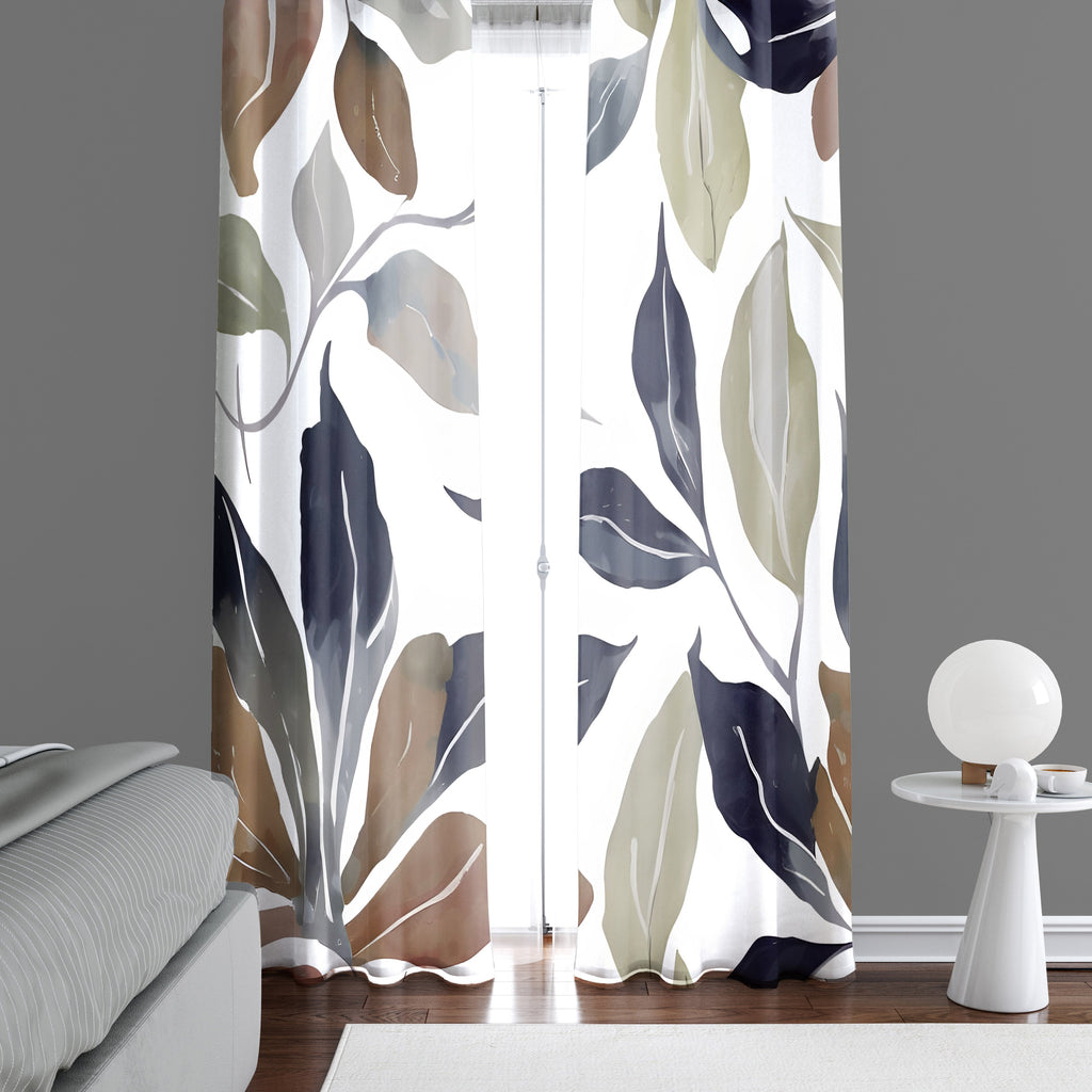 Floral Window Curtain - Neurtal Watercolor Autumn Leaves - Deja Blue Studios