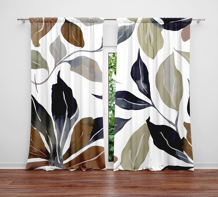Floral Window Curtain - Neurtal Watercolor Autumn Leaves - Deja Blue Studios