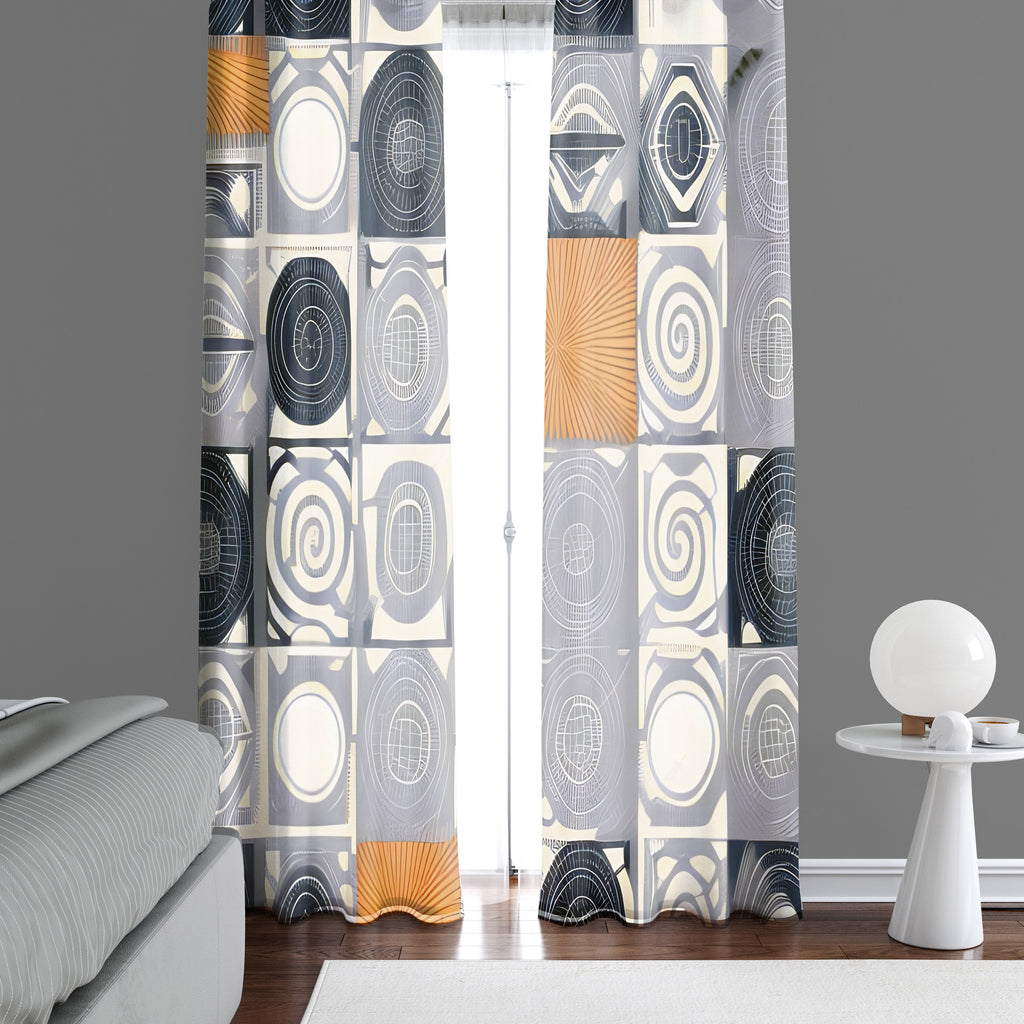 Abstract Window Curtain - Gray, Black, and Gold Polka Dots - Deja Blue Studios