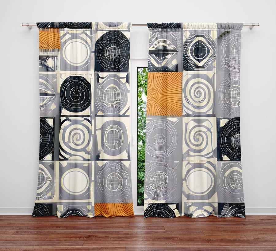 Abstract Window Curtain - Gray, Black, and Gold Polka Dots - Deja Blue Studios