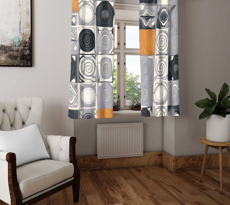 Abstract Window Curtain - Gray, Black, and Gold Polka Dots - Deja Blue Studios
