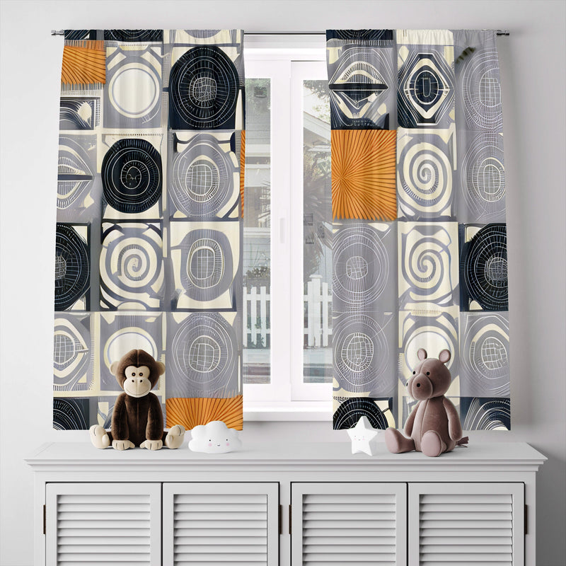 Abstract Window Curtain - Gray, Black, and Gold Polka Dots - Deja Blue Studios
