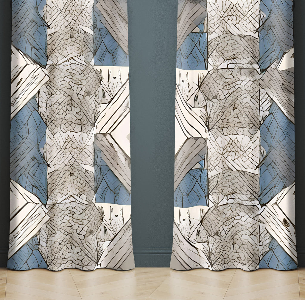 Abstract Window Curtain - Geometric Gray and Blue Grecian Pattern - Deja Blue Studios