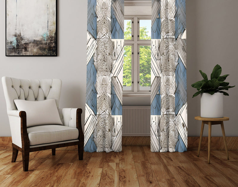 Abstract Window Curtain - Geometric Gray and Blue Grecian Pattern - Deja Blue Studios