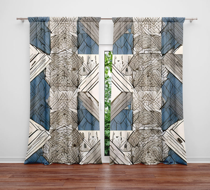 Abstract Window Curtain - Geometric Gray and Blue Grecian Pattern - Deja Blue Studios