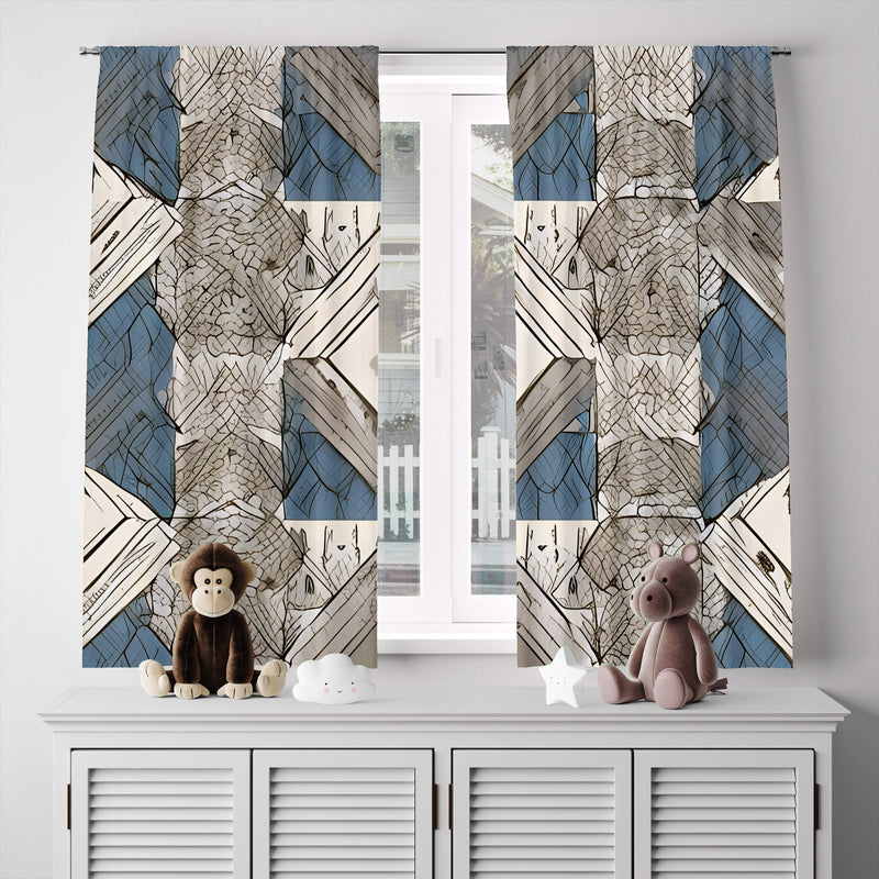 Abstract Window Curtain - Geometric Gray and Blue Grecian Pattern - Deja Blue Studios