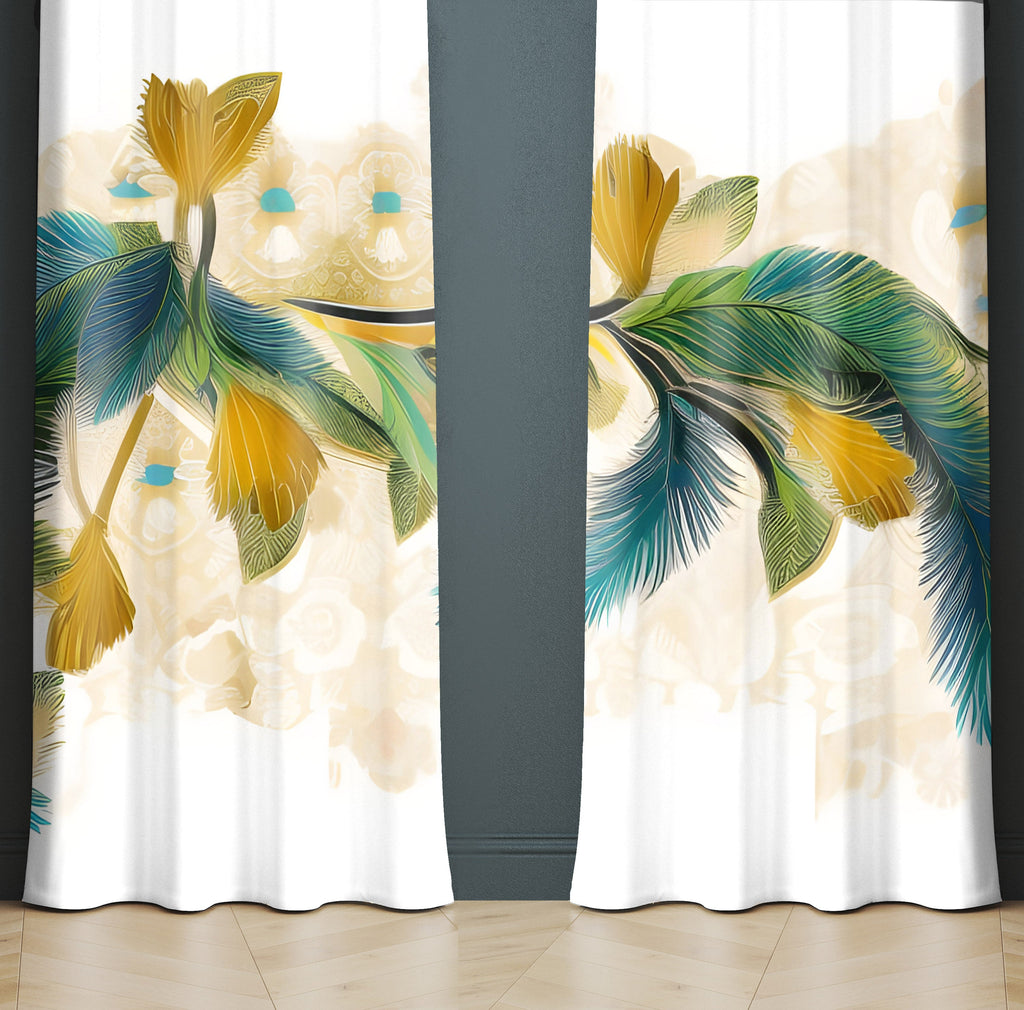 Abstract Window Curtain - Blue and Yellow Peacock Feather Pattern - Deja Blue Studios