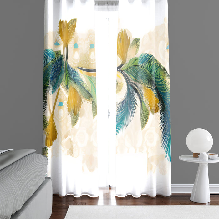 Abstract Window Curtain - Blue and Yellow Peacock Feather Pattern - Deja Blue Studios
