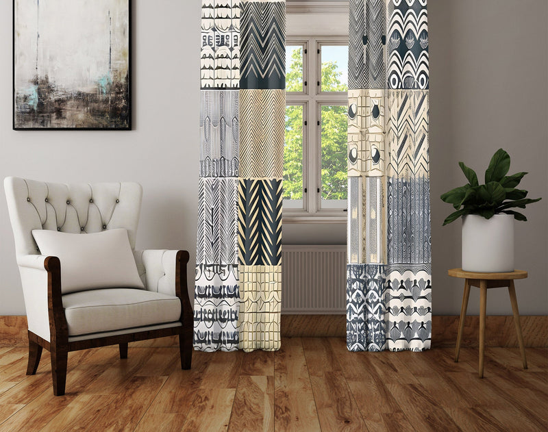 Abstract Window Curtain - Blue and Tan Multi Pattern - Deja Blue Studios
