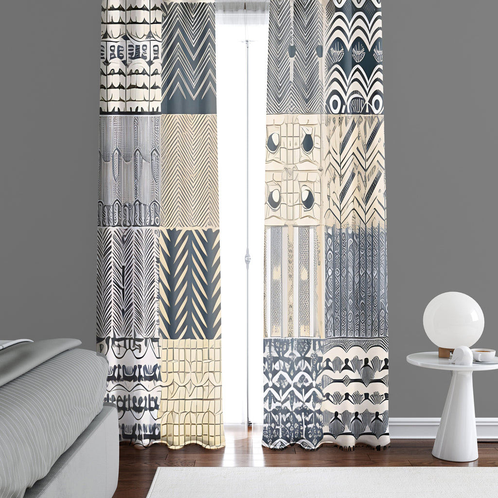 Abstract Window Curtain - Blue and Tan Multi Pattern - Deja Blue Studios