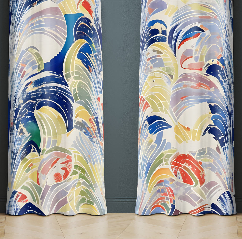 Abstract Window Curtain - Blue, Orange, and Yellow Grecian Mosaic - Deja Blue Studios
